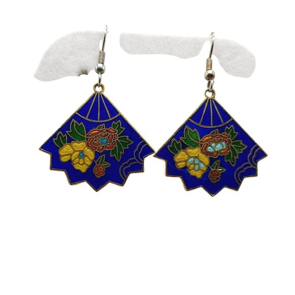 Vintage Cloisonné Fan Shaped Dangle Earrings Floral Design Gold-Tone - Picture 1 of 4